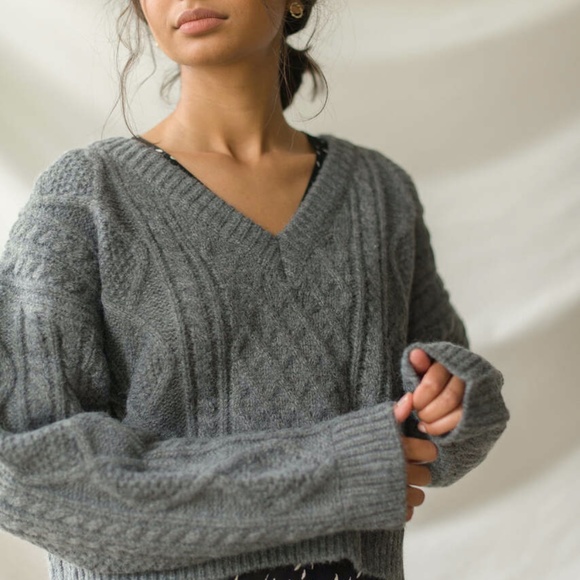 FINAL OFFER! NWT V Neck Crop Cable Jumper Brown Olive Clothing - Picture 8 of 11